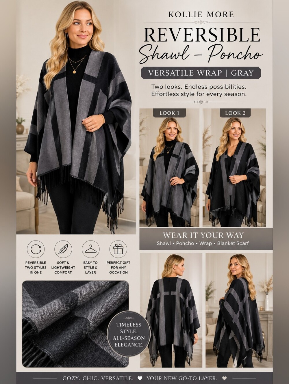 Kollie More | Reversible Shawl - Poncho | Versatile Wrap | Gray